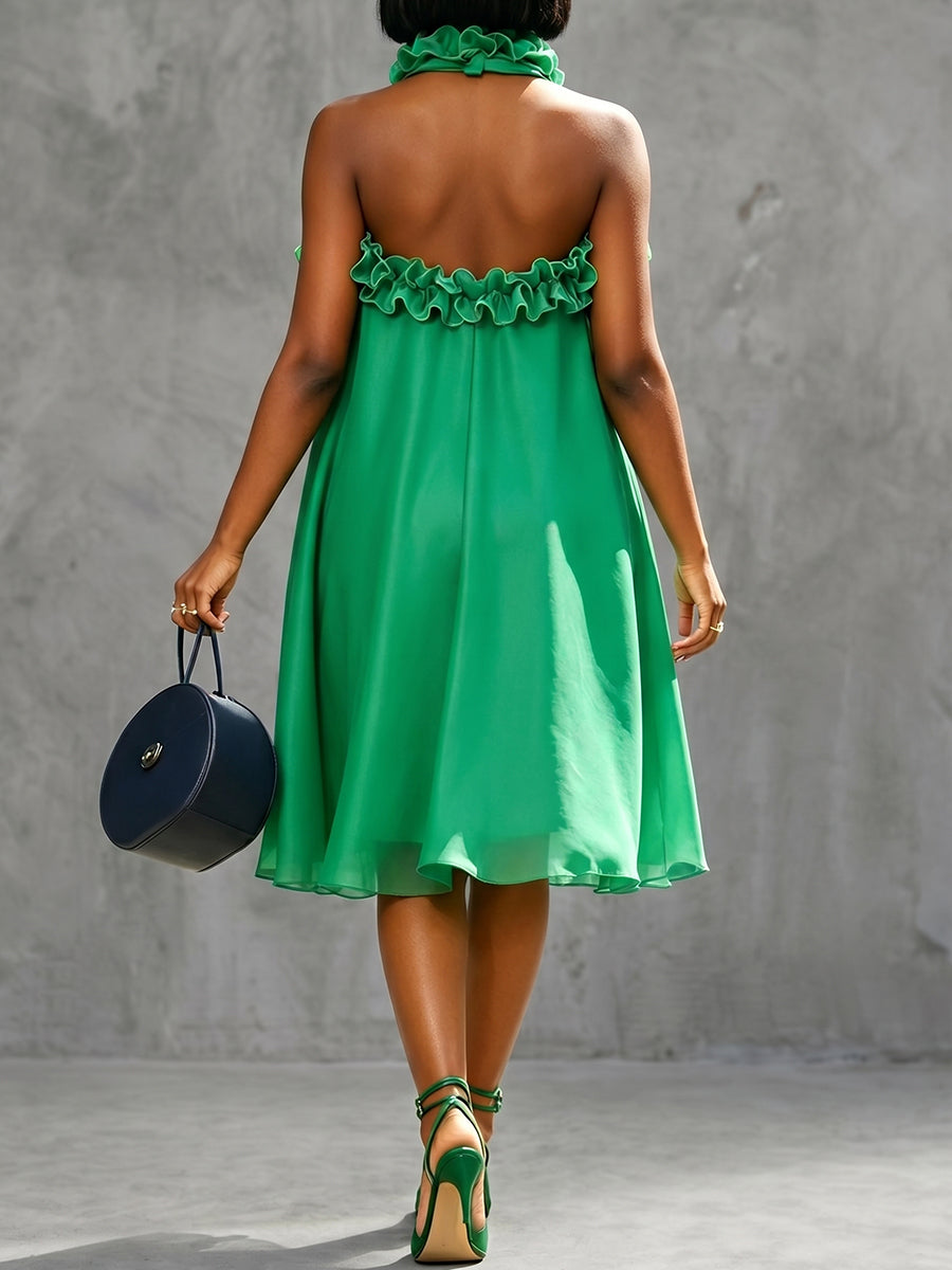 A-Line Loose Backless Solid Color Split-Joint Halter-Neck Midi Dresses