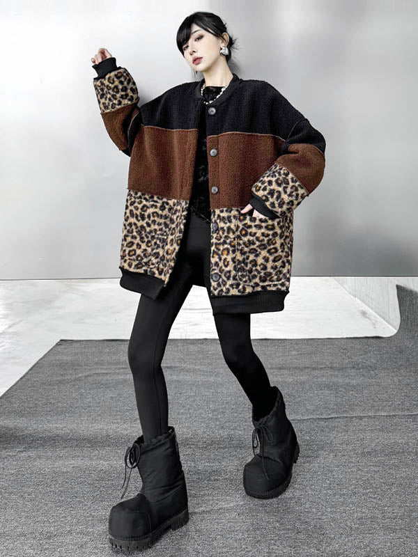 Long Sleeves Loose Buttoned Contrast Color Reversible Split-Joint Round-Neck Cardigan Tops Outerwear
