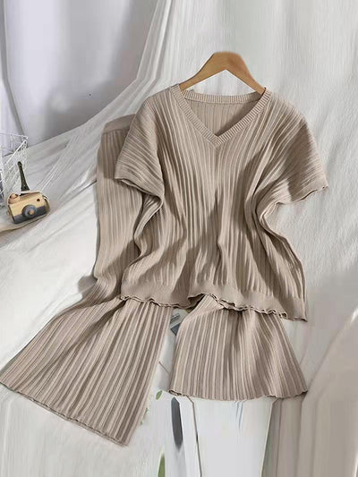 Loose Knitting Raglan Sleeve Solid Color V-Neck Sweater Top + Pants Two Pieces Set