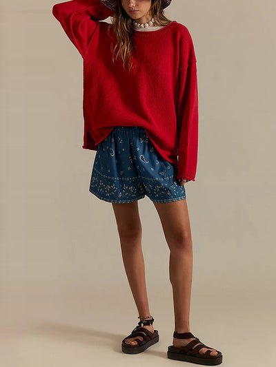 Long Sleeves Loose Solid Color Split-Joint Round-Neck Sweater Tops