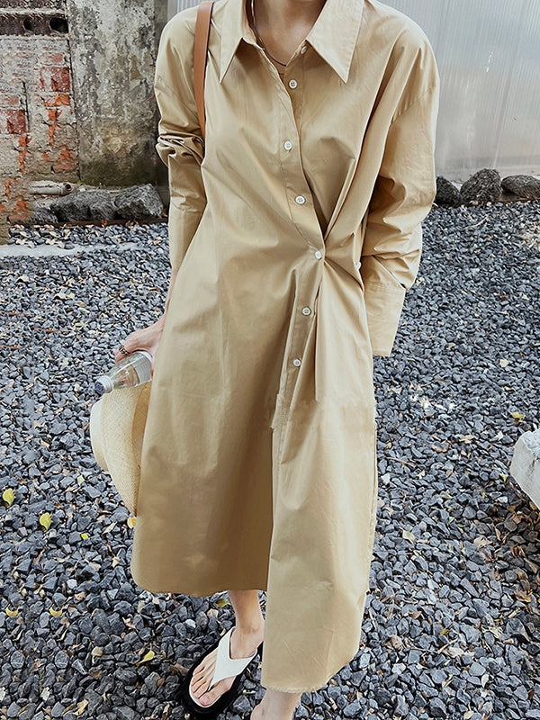 Long Sleeves Loose Asymmetric Solid Color Lapel Shirt Dress