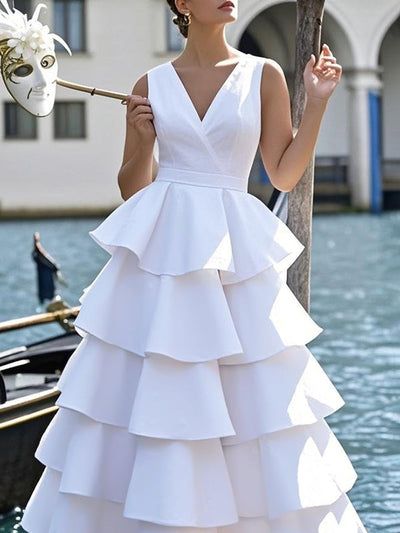 A-Line High Waisted Layered Solid Color V-Neck Maxi Dresses