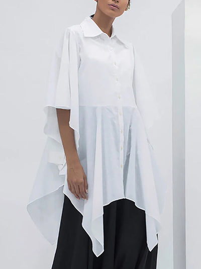 Flared Sleeves Half Sleeves Buttoned Solid Color Split-Joint Lapel Blouses&Shirts Tops