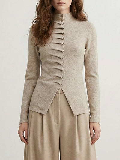Long Sleeves Pleated Solid Color High Neck Pullovers