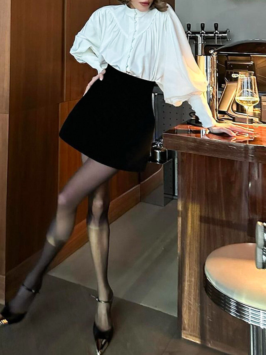 Long Sleeves Loose Buttoned Pleated Solid Color Split-Joint Stand Collar Blouses&Shirts Tops