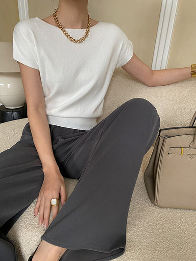 Stylish Loose Solid Color Boat Neck Knitwear Pullovers Tops