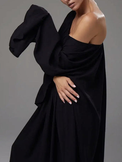 Flared Sleeves Loose Pleated Solid Color Split-Joint Round-Neck Maxi Dresses