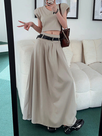 A-Line High Waisted Belted Pleated Solid Color Skirts Bottoms