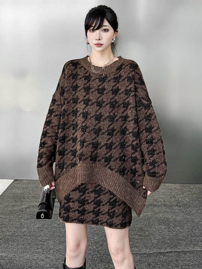 Contrast Color Split-Joint Ribs Shiny Swallow Gird/Houndstooth Round-Neck Sweater Tops + A-Line Elasticated Waist Skirts Bottoms  Two Pieces Set