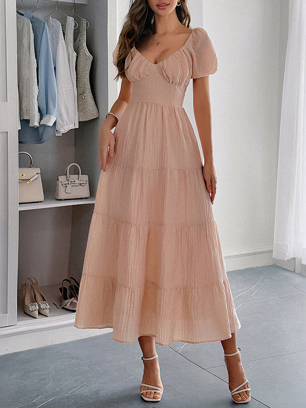 A-Line Loose Backless Pleated Solid Color Tied V-Neck Midi Dresses