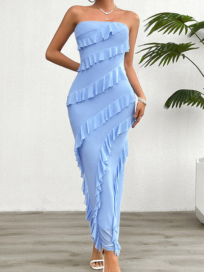 Bodycon High Waisted Ruffle Trim Solid Color Split-Back Split-Joint Tube Maxi Dresses