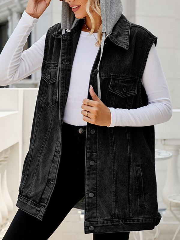 Loose Sleeveless Buttoned Detachable Drawstring Hooded Pockets Split-Joint Polo Vest Outerwear