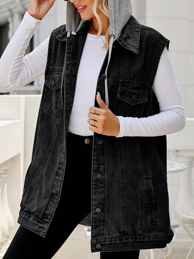 Loose Sleeveless Buttoned Detachable Drawstring Hooded Pockets Split-Joint Polo Vest Outerwear