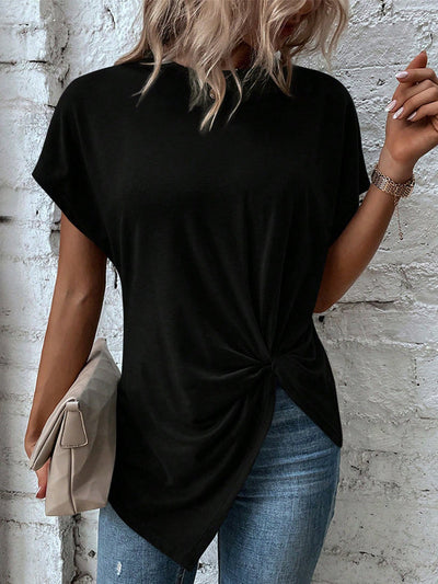 Batwing Sleeves Loose Asymmetric Pleated Solid Color Split-Joint Round-Neck T-Shirts