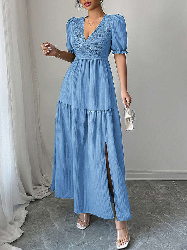 Half Sleeves High Waisted Pleated Solid Color Split-Front V-Neck Maxi Dresses