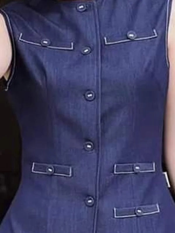 Loose Sleeveless Buttoned Pockets Solid Color Round-Neck Vest Top