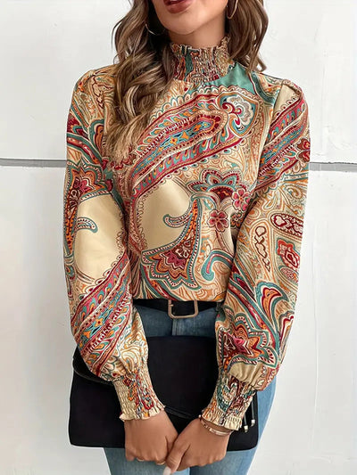 Long Sleeves Loose Buttoned Elasticity Flower Print Hollow Split-Joint Mock Neck Blouses&Shirts Tops