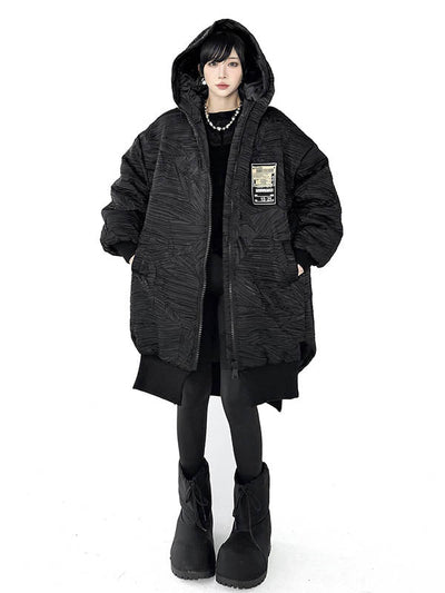 High-Low Irregularity Abstract Printed Contrast Color Split-Joint Zipper Hooded Outerwear Overcoat