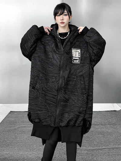 High-Low Irregularity Abstract Printed Contrast Color Split-Joint Zipper Hooded Outerwear Overcoat