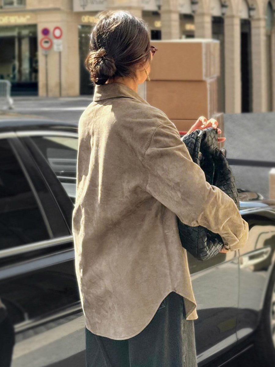 Long Sleeves Loose Buttoned Solid Color Split-Joint Lapel Blouses&Shirts Tops Outerwear