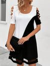 A-Line Loose Contrast Color Hollow Mesh Split-Joint Cold Shoulder Mini Dresses