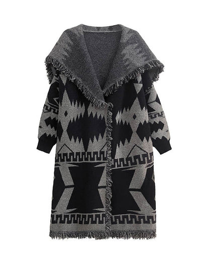 Long Sleeves Loose Contrast Color Geometric Split-Joint Tasseled Lapel Outerwear Overcoat