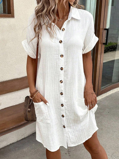 Half Sleeves Loose Buttoned Pockets Solid Color Lapel Mini Dresses