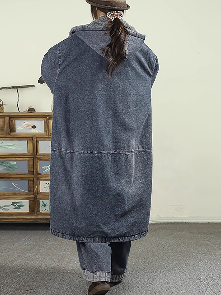 Women Winter Denim Spliced Lamb Fleece Hooded Coat