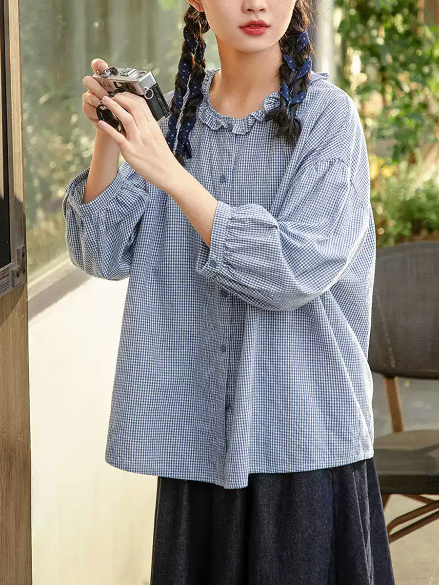 Plus Size Women Summer Lattice Lace Collar 100%Cotton Shirt