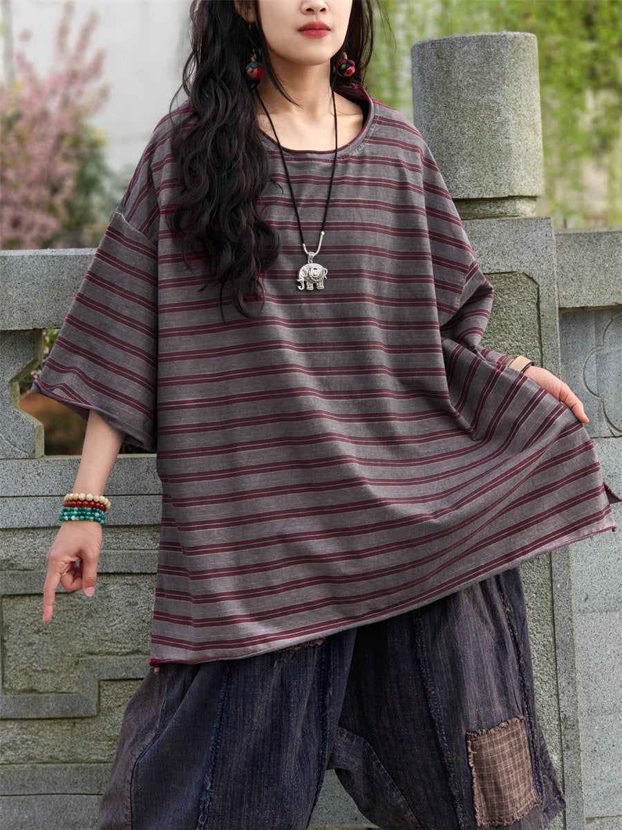 Plus Size Women Casual Summer Stripe Cotton Shirt