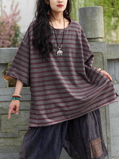 Plus Size Women Casual Summer Stripe Cotton Shirt