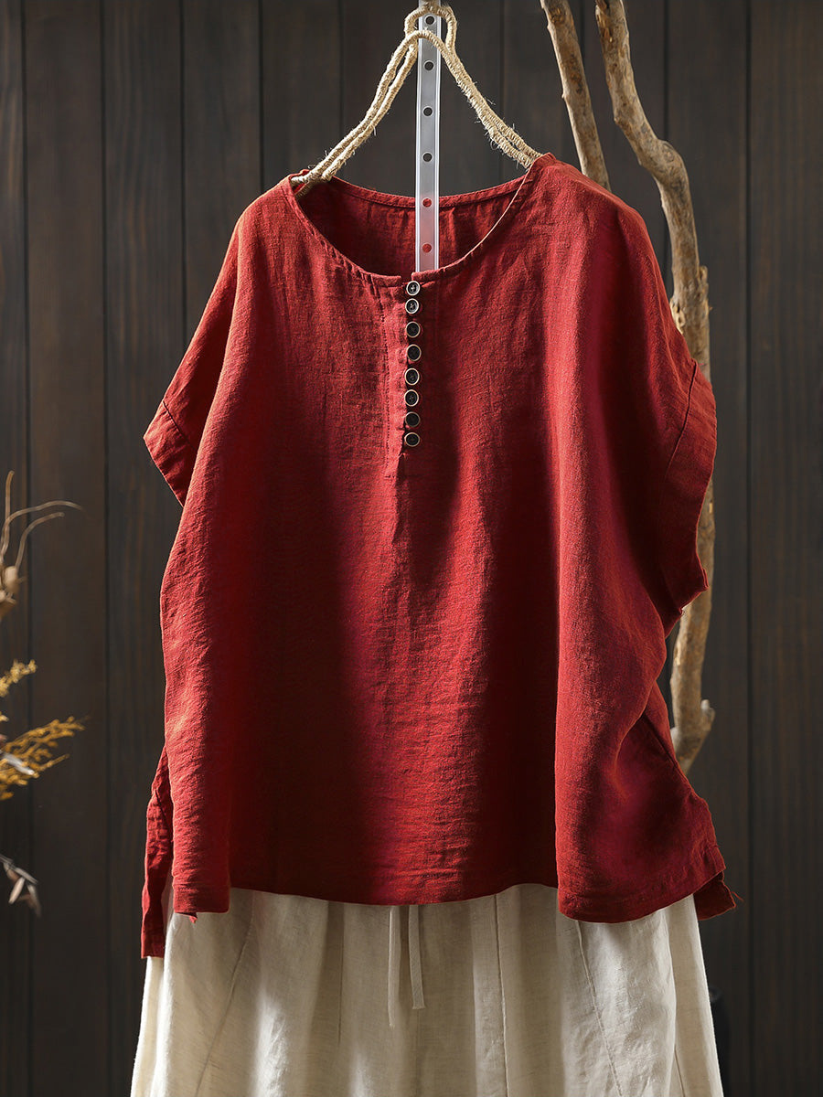 Plus Size Women Summer Casual Pure Color O-Neck 100%Linen Shirt