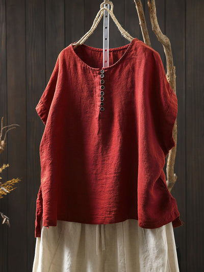 Plus Size Women Summer Casual Pure Color O-Neck 100%Linen Shirt