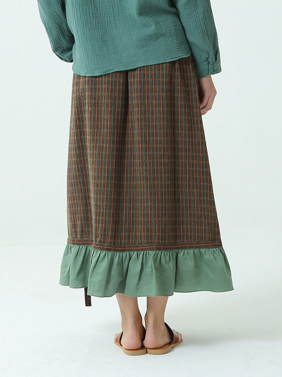 Plus Size Spring Elastic Waist Plaid Loose Vintage Long Skirt M-2XL