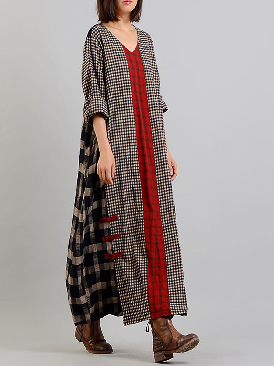 Plus Size Different Colored Plaid Retro Cotton Linen Dress