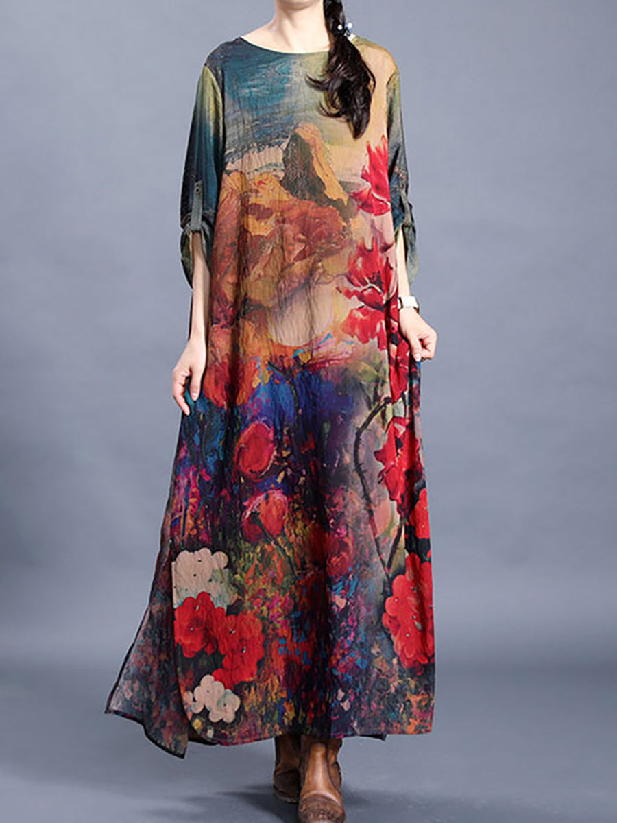 Plus Size Flower Printed Retro Split Hem Dress