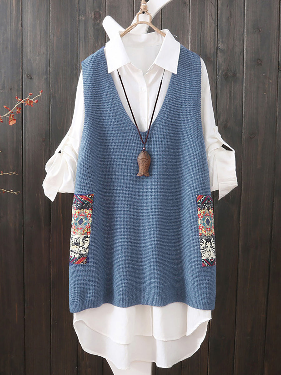 Plus Size Women Ethnic V-Neck Loose Knitted Vest