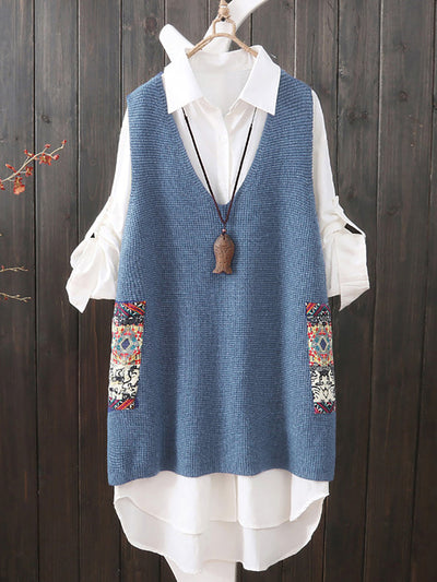 Plus Size Women Ethnic V-Neck Loose Knitted Vest