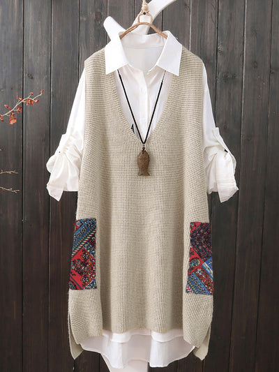 Plus Size Women Ethnic V-Neck Loose Knitted Vest