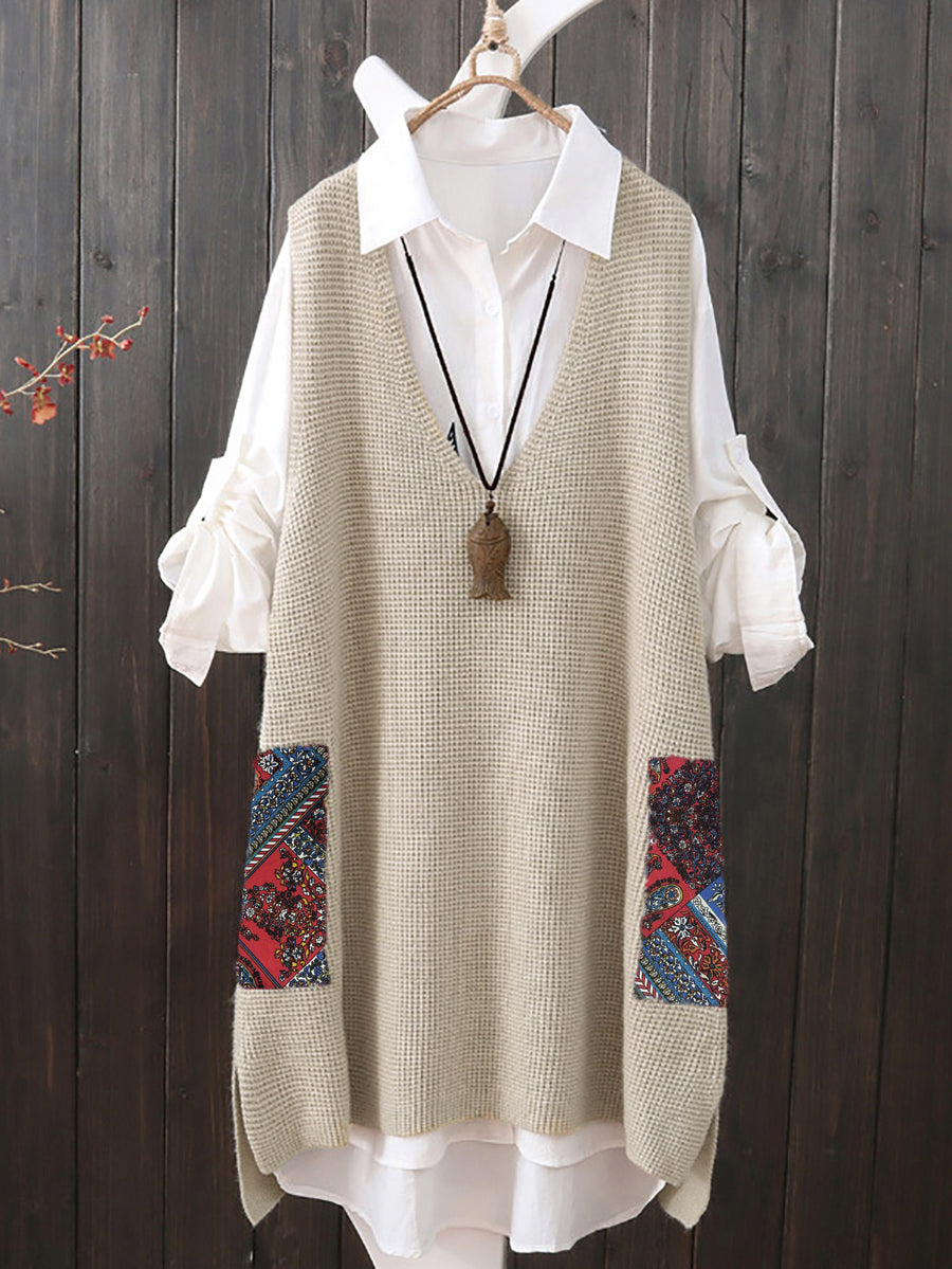 Plus Size Women Ethnic V-Neck Loose Knitted Vest