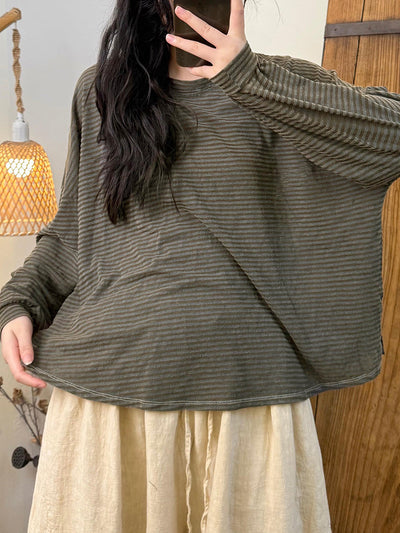 Women Autumn Retro Stripe O-Neck Loose Shirt