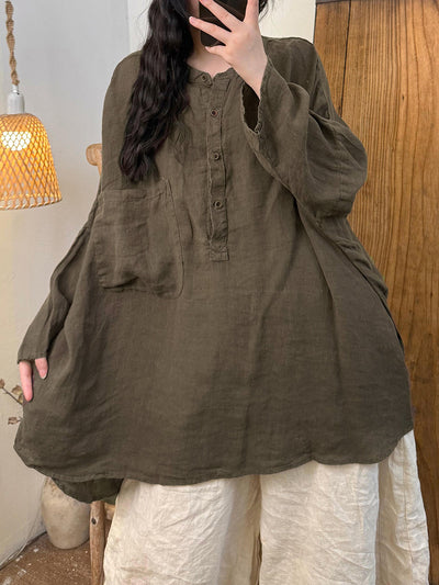 Women Autumn Retro Pure Color Linen Stand Collar Shirt