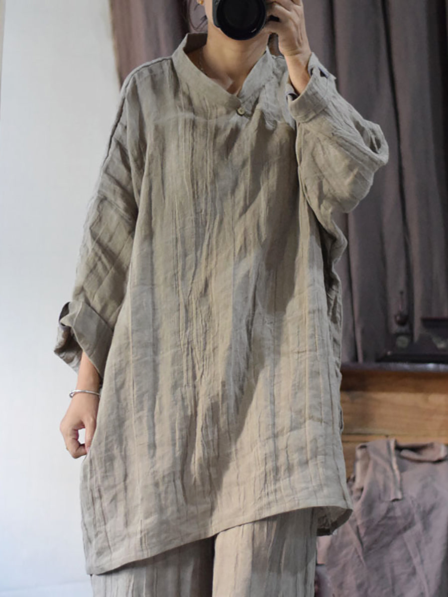 Plus Size Women Vintage Solid Linen Loose Long Blouse