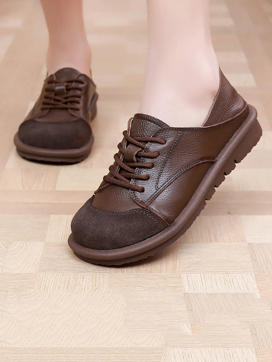 Women Vintage Leather Spliced Strap Flat Shoes