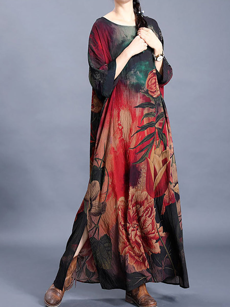 Plus Size Women Causal Retro Floral Maxi Dress