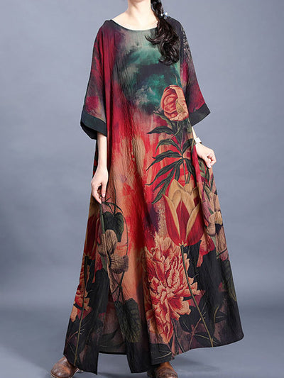Plus Size Women Causal Retro Floral Maxi Dress