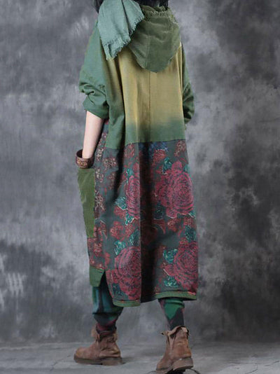 Women Spring Vintage Flower Spliced Hooded Dress