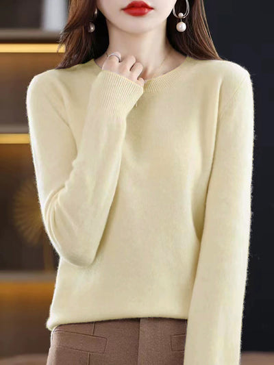 Women Autumn Solid Knit 100%Wool O-Neck Sweater