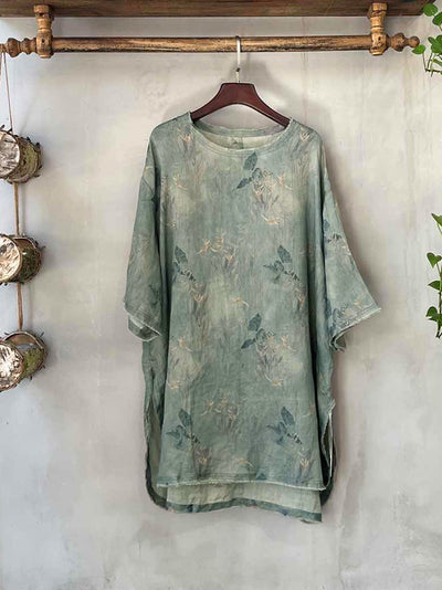 Plus Size Women Summer Vintage Flower O-neck 100%Raime Shirt