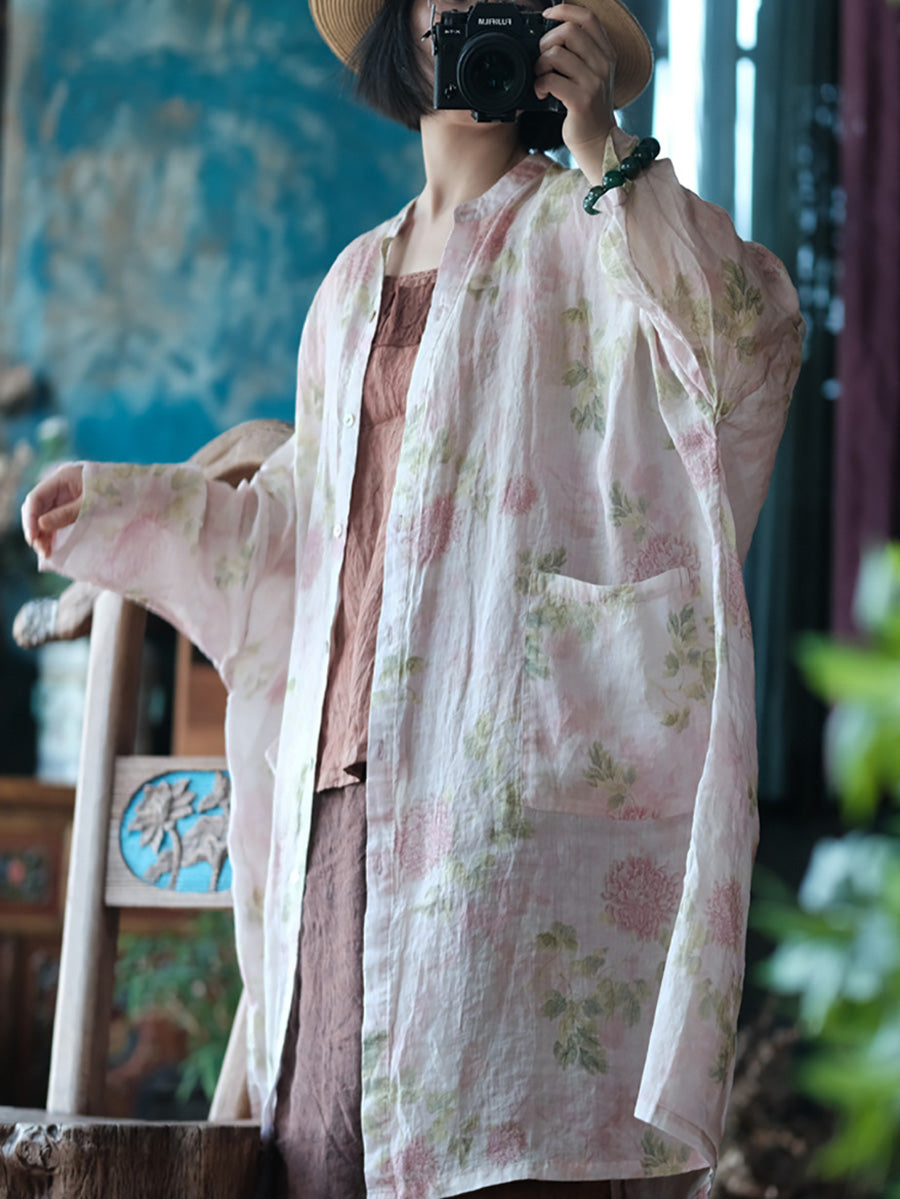 Women Summer Vintage Flower Thin Long Ramie Shirt